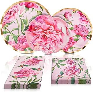 Sophistiplate 64Pcs Tableware Set. Decorative Paper Plates. Premium, Heavyweight Plates for Party Decorations. Party Supplies Set Includes Dinner, Salad, Plates & Napkins - Pink Peonies