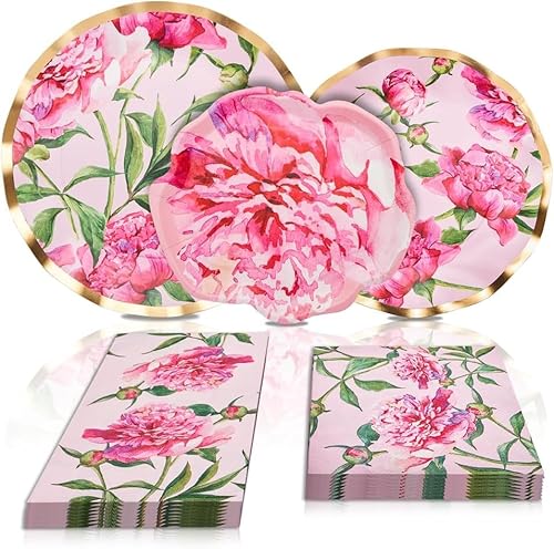 Sophistiplate 64Pcs Tableware Set. Decorative Paper Plates. Premium, Heavyweight Plates for Party Decorations. Party Supplies Set Includes Dinner, Salad, Plates & Napkins - Pink Peonies