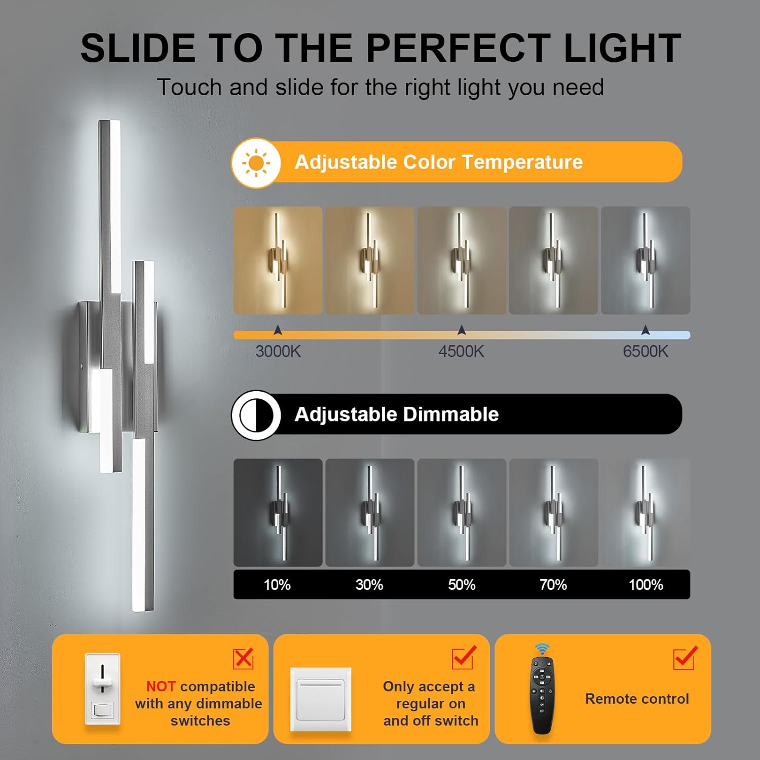 Benkut Modern LED Wall Sconce Silver Remote Wall Light Fixtures for Bathroom, Dimmable Vanity Light Indoor LED Remote Wall Sconce for Bedside Bedroom Living Dining Room (27.6inch 3000-6500K 1 Pack)