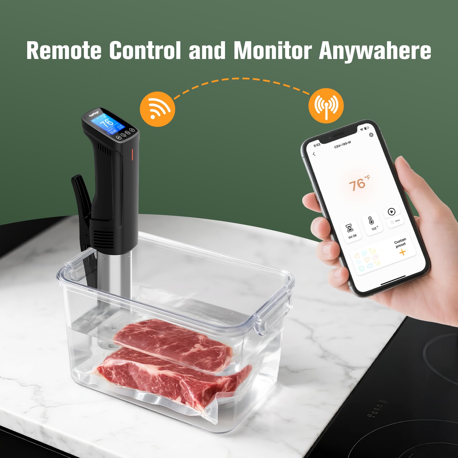 2,4 g Wifi Sous Vide Cooker CharMeter Sous Vide Machine CSV-100-W, 1000 vatios Sous-Vide Cooker Control de aplicación con 14 recetas preestablecidas, función de calibración, calentamiento rápido con