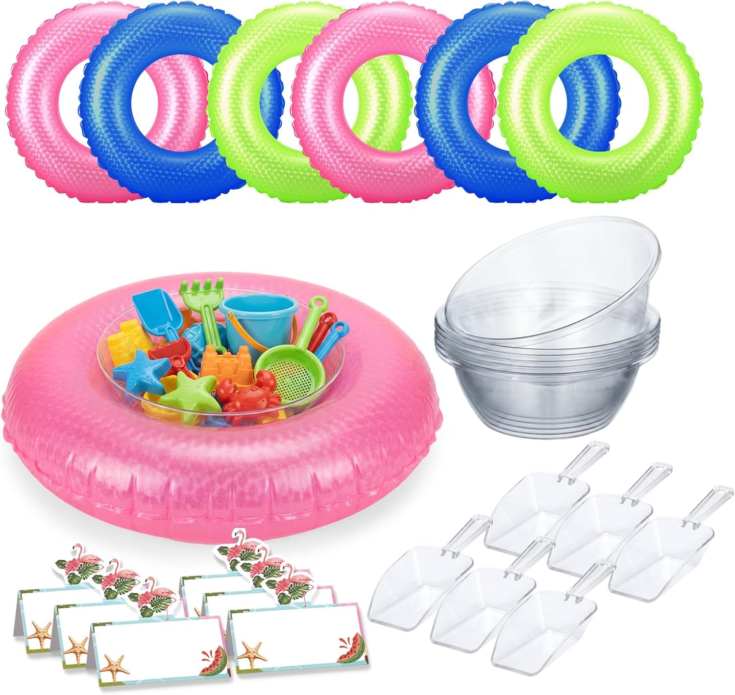 24 Pcs Drink Containers Set Include Inflatable Swimming Pool Rings Serving Buffet Bar, Plastic Scoopers, Clear Bowls and Place Cards for Pool Party Decorations Summer Party Supplies