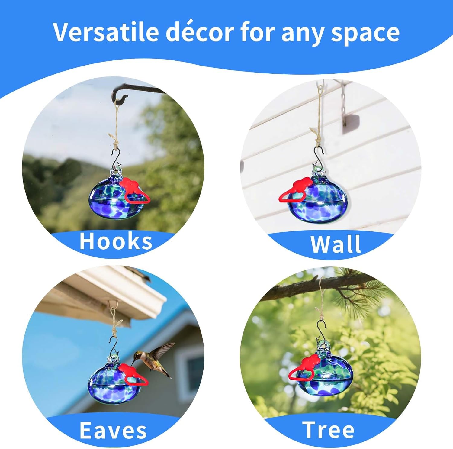 Pozfun Small Hummingbird Feeders for Outdoors Hanging,Hand-Blown Glass Hummingbird Feeder with Silicone Feeding Perch,Never Leak,Gardening Gifts for Woman Man