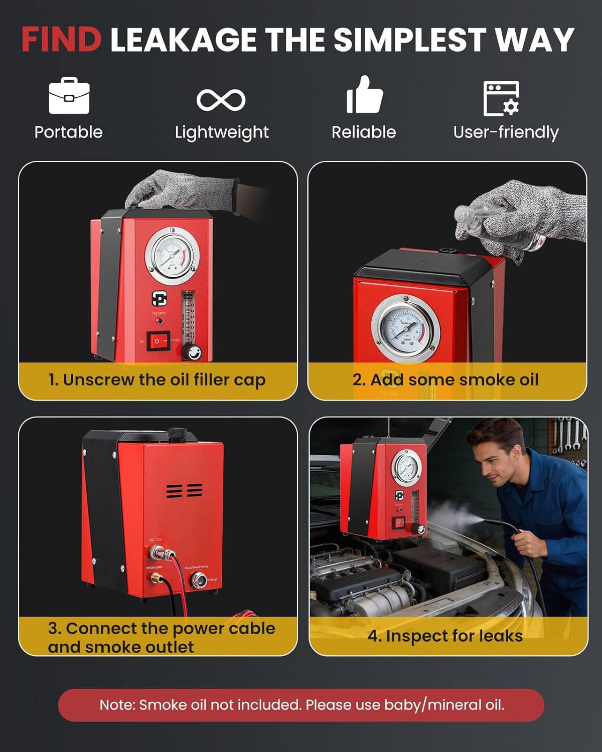 Automotive Smoke Leak Detector - Locate Hidden Leaks in Seconds with Pressure Gauge & Flow Control, Universal Use for Cars, Trucks, Motorcycles, Boats & More