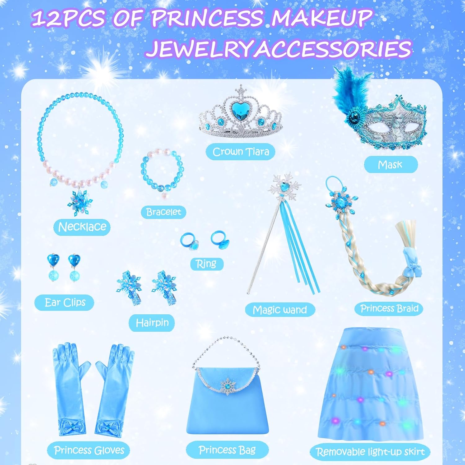 Princess Dress Up for Girls Light Up Christmas Costume Age 3-10, Princess Toys for Christmas Birthday Gift - Image 2