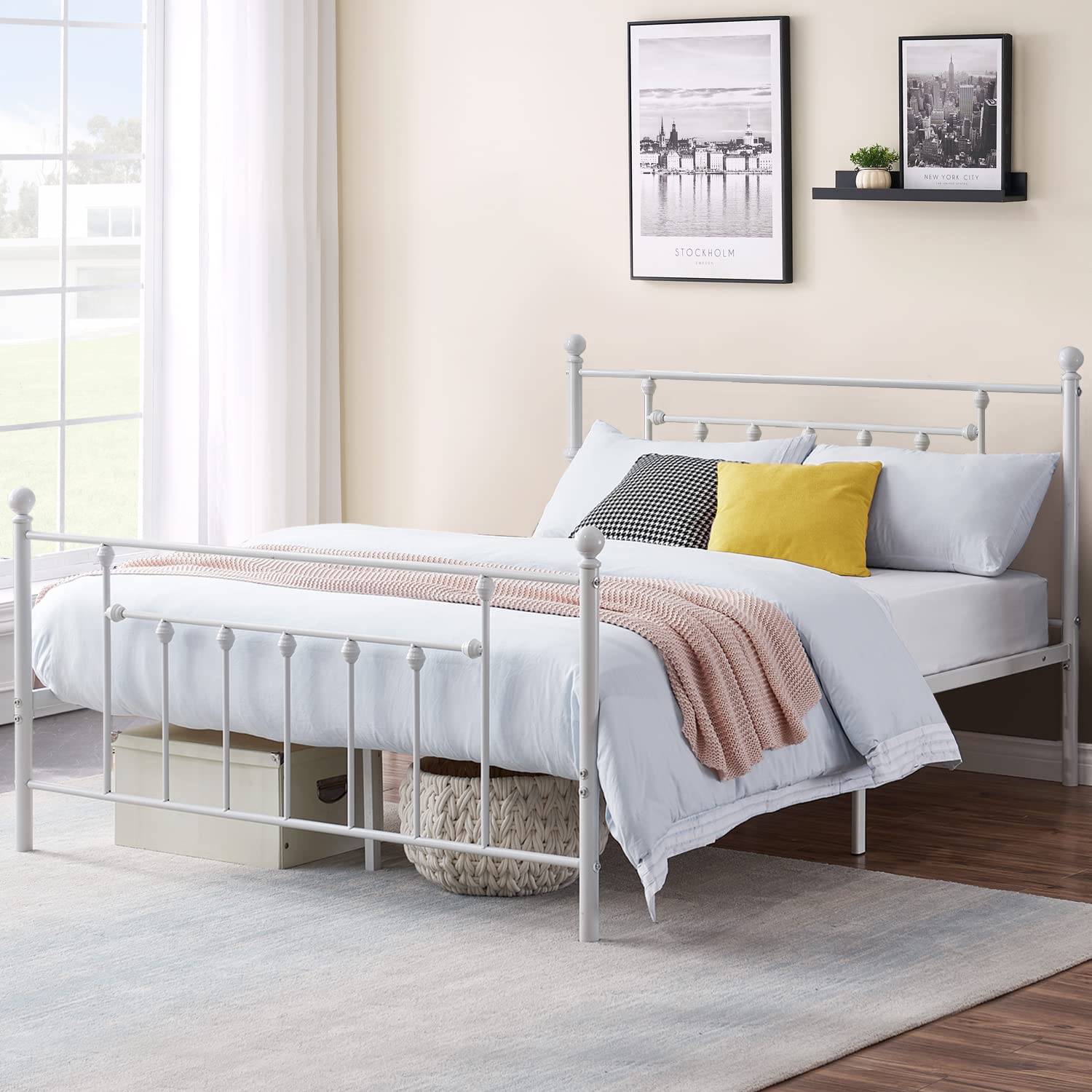 VECELO Queen Size Bed Frame Heavy Duty Metal Platform with Headboard and Footboard, Strong Steel Slat Support / No Box Spring Needed Mattress Foundation/ Underbed Storage Space, Victorian Style, White