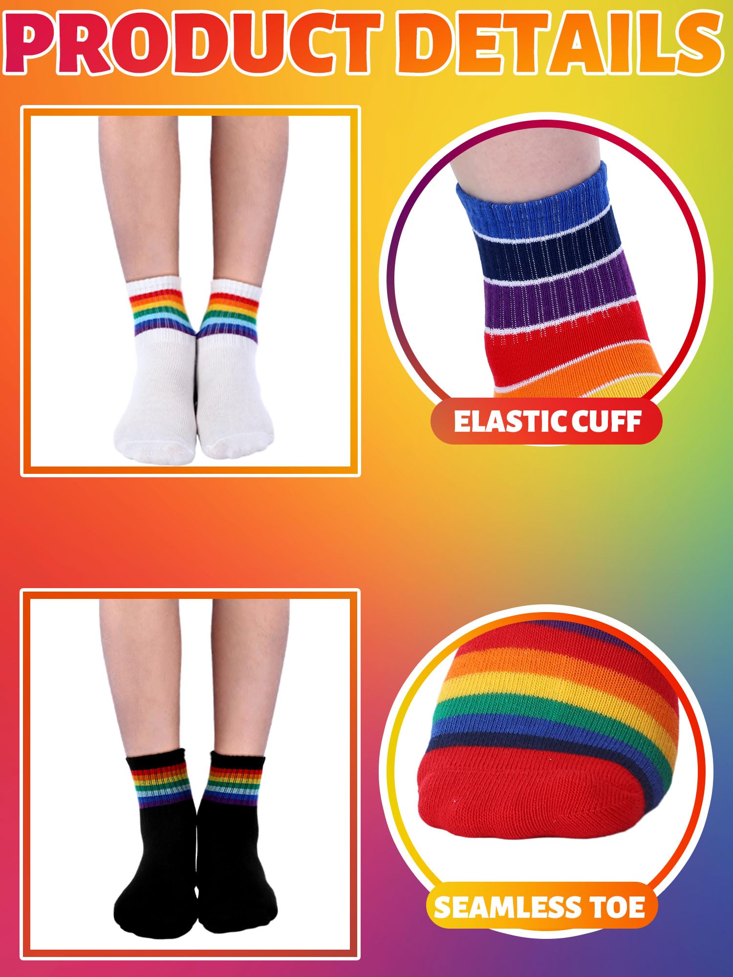 Fourluoo 6 pares de calcetines deportivos de algodón para niños de 3 a 12 años (3 a 5 años), Color del arco iris, 3-5 años