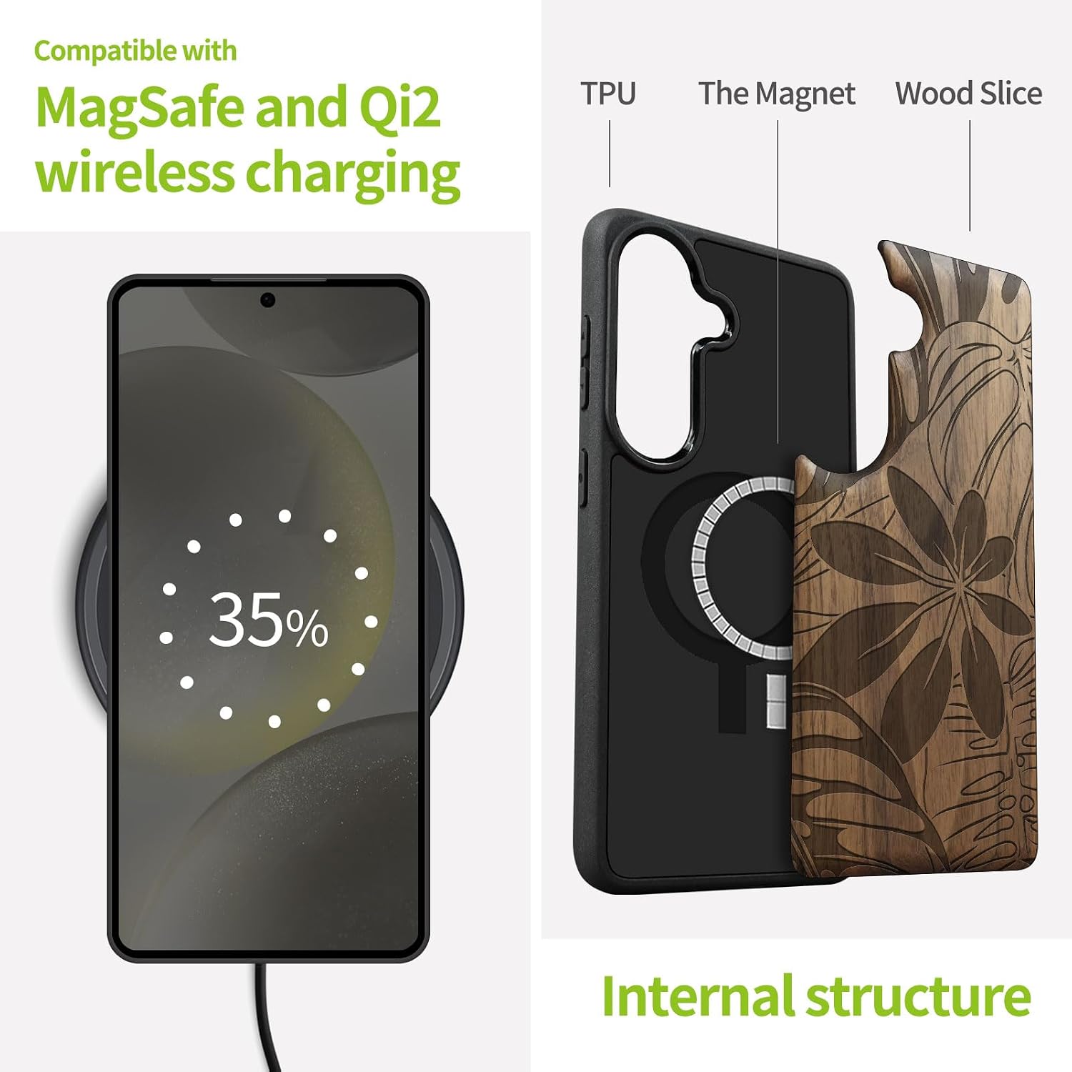 Carveit Magnetic Wooden Case for Galaxy S26+ Samsung S26 Plus Case, TPU Shockproof Cover & Wood Engraved, Compatible with MagSafe Wireless Chargers (A Symphony of Jungle Foliage) Walnut