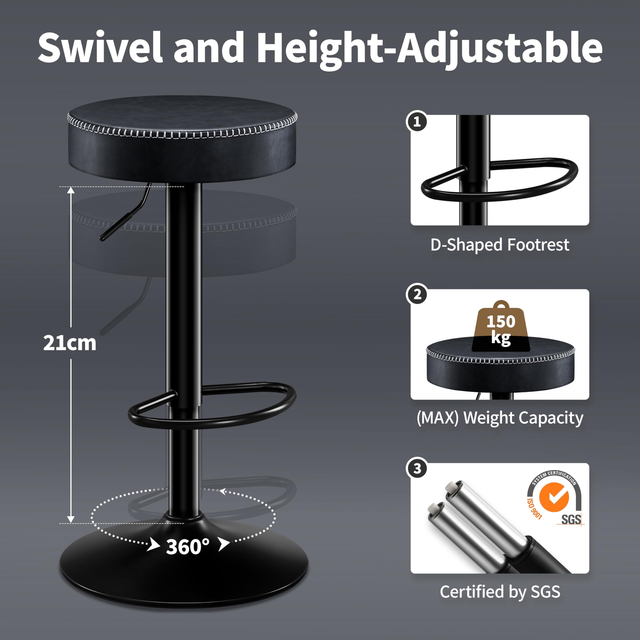 STOOLINK Taburetes de Bar Requlable en Altura, Taburete Cocina Juego de 2, Taburete Alto Cuero de Microfibra, Taburete de Bar con Reposapiés, Taburetes Cocina 150kg para Comedor, Mostrador-Negro