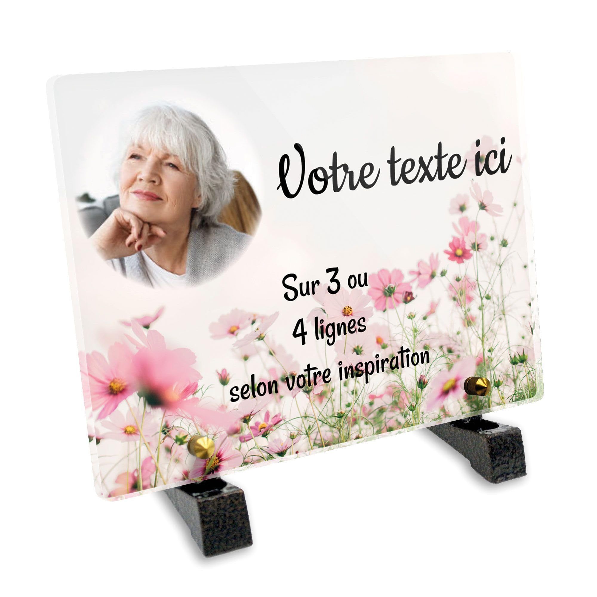 Targa funeraria rettangolare con foto in plessi, personalizzabile con fiori rosa, diverse dimensioni, spessore 6 mm, personalizzata su più righe, 20 x 15 cm