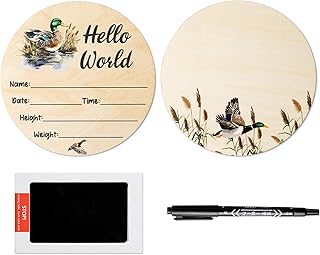 R HORSE Baby Birth Announcement Sign with Marker Pen, Mallard Duck Baby Name Sign with Ink Pad for Hand and Footprints, Wooden Hello World Newborn Announcement Nursery Decor Keepsake Gifts