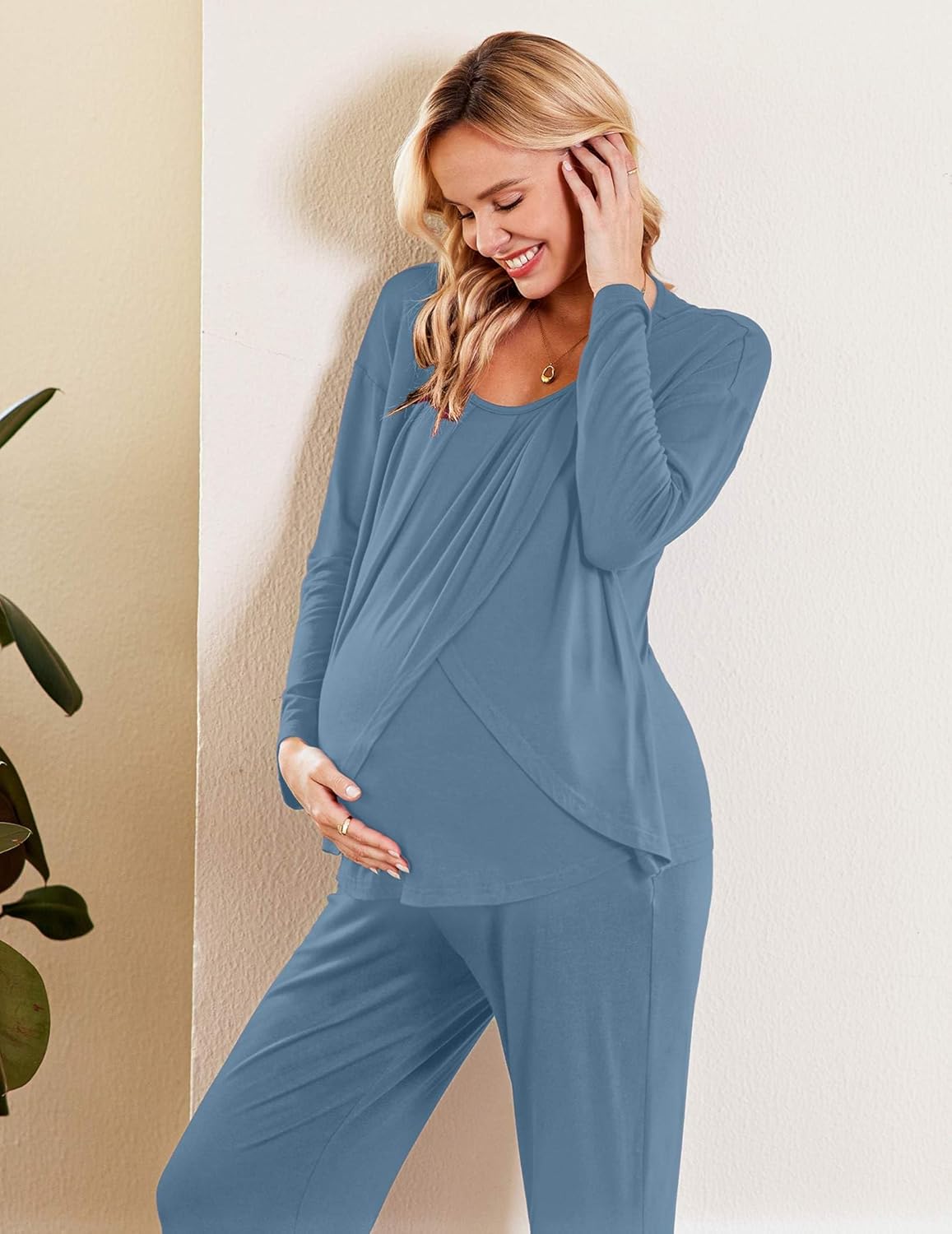 Ekouaer Maternity Nursing Pajama Set Long Sleeve Top & Pants with Pockets Breastfeeding Sleepwear Double Layer Pregnancy