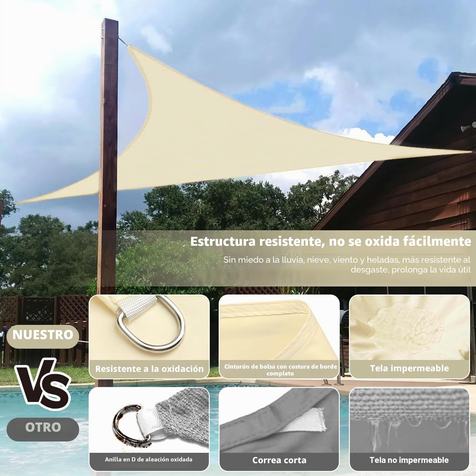 Vela de sombra triangular 3 x 3 x 3 m, cubierta impermeable y resistente a los rayos UV, vela de sombra para jardín al aire libre con cuerda, color crema