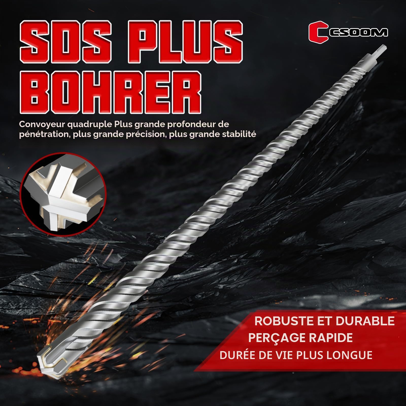 CSOOM Foret SDS Plus 25 x 1000 mm, professionnel, idéal pour percer dans la pierre, le béton, la pierre naturelle, le mur de brique
