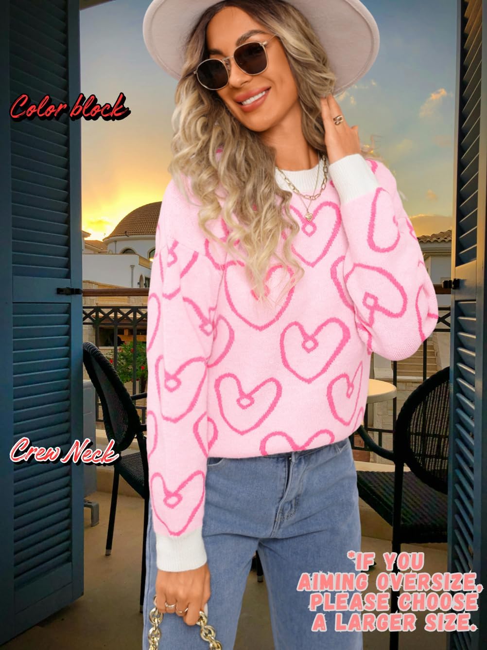 Kaei&Shi Women Cute Pink Heart Graphic Sweater,Crew Neck Valentines Sweatshirt,Regular Fit Top Spring Fall