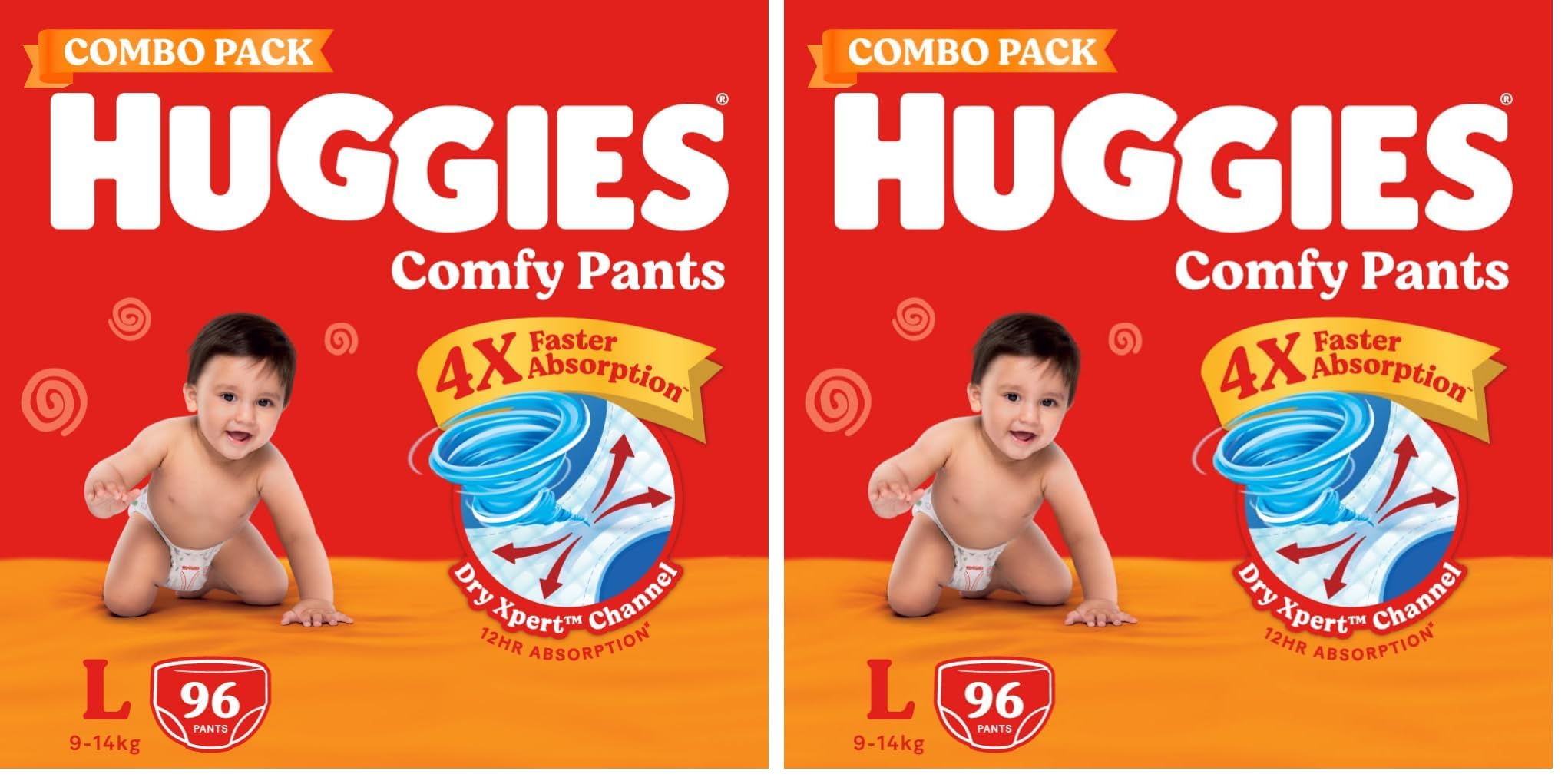 Huggies Comfy Pants Baby Diaper, Large (L) Size (9-14 Kgs), Pack of 192 (96 count, Pack of 2)
