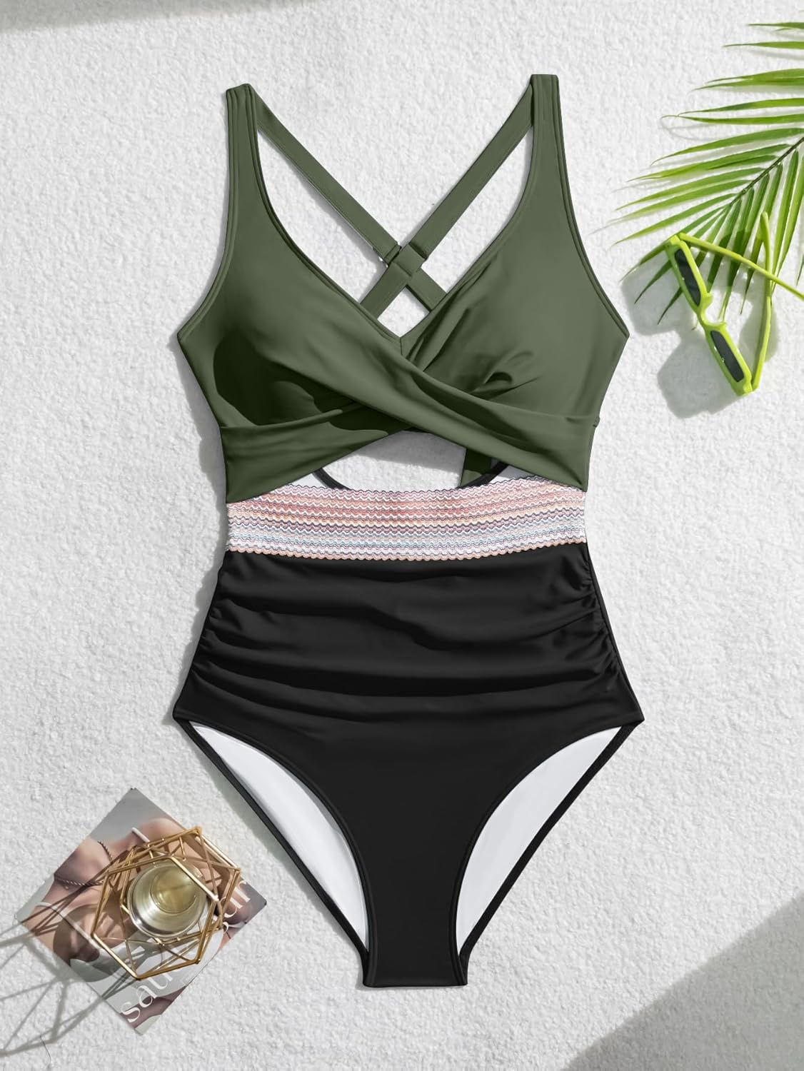 B2prity One Piece Swimsuit for Women Tummy Control V Neck Bathing Suit Color Block High Waisted Cutout Swimwear - Image 5