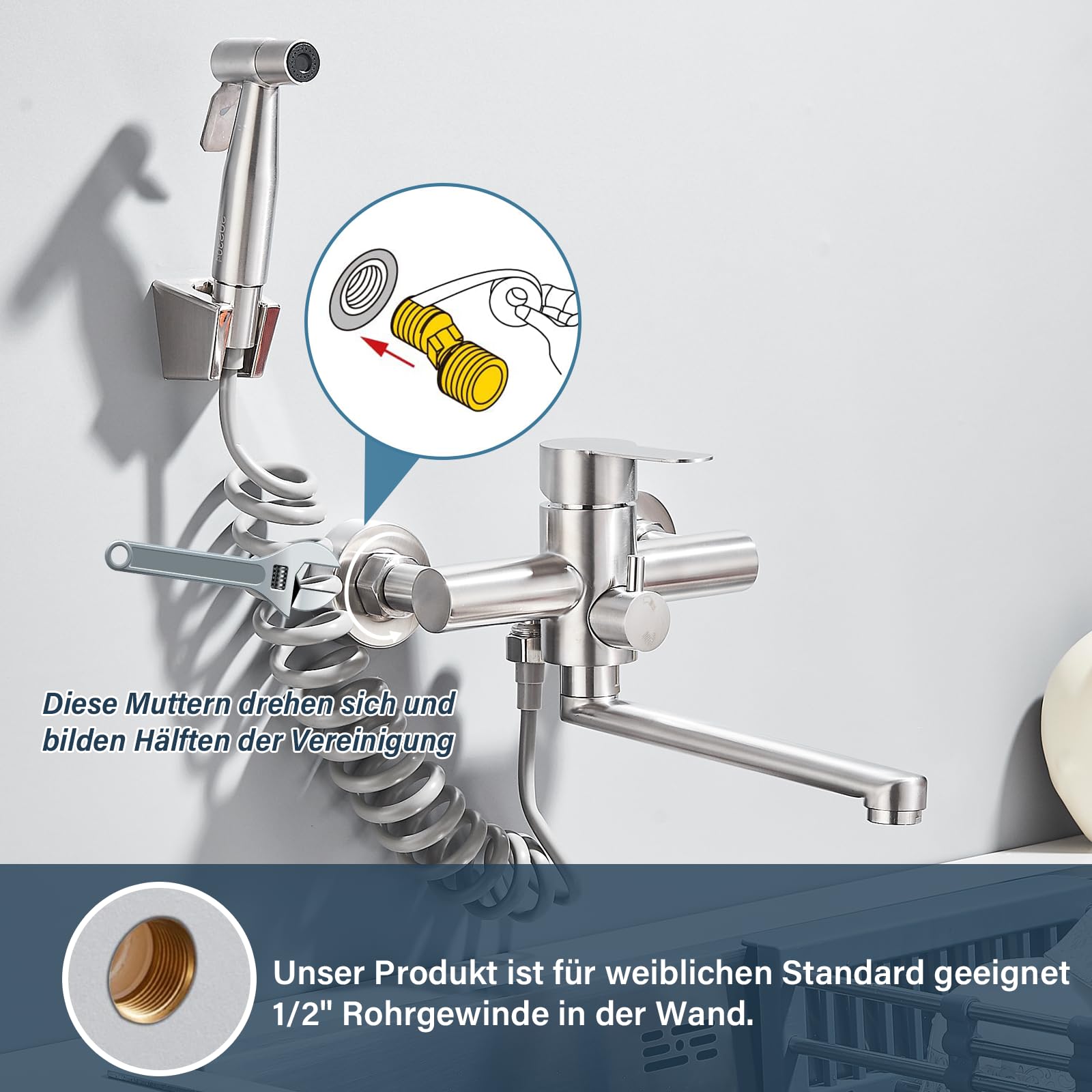Wasserhahn Küche Wandmontage,Wandarmatur Küche mit Spritzpistole, 360° Drehbare Küchenarmatur Wandmontage Drehrohr 23cm,Gebürstet