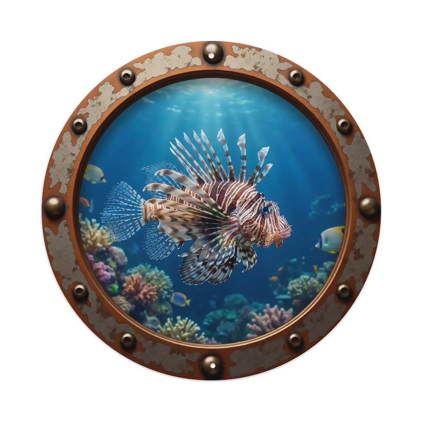 Vintage Porthole Lionfish Nautical Window View Metal Tin Sign