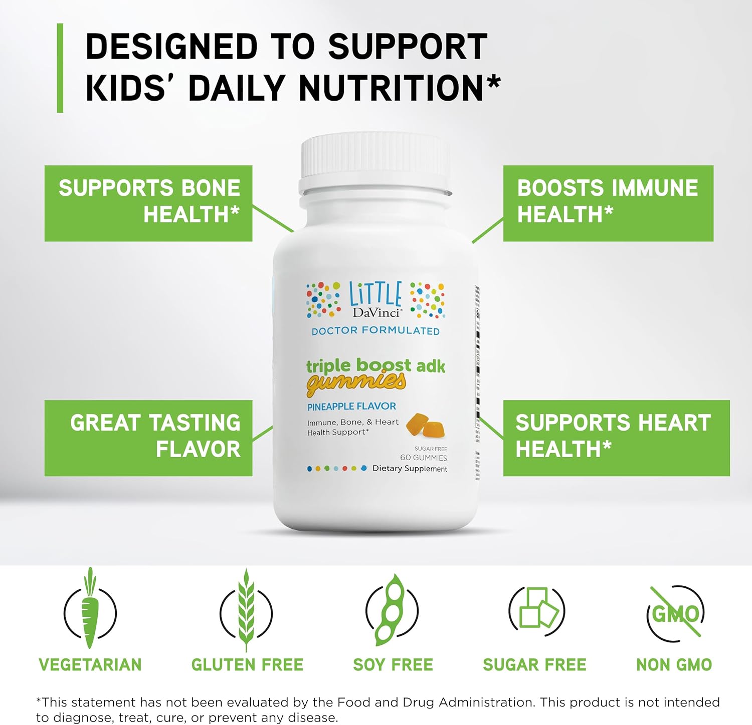 Little DaVinci Triple Boost ADK Gummies - Vitamins A, D3 & K2 - Daily Wellness & Immune Support - Daily Kids Vitamin - Gluten-Free - Pineapple Flavor - 60 Gummies