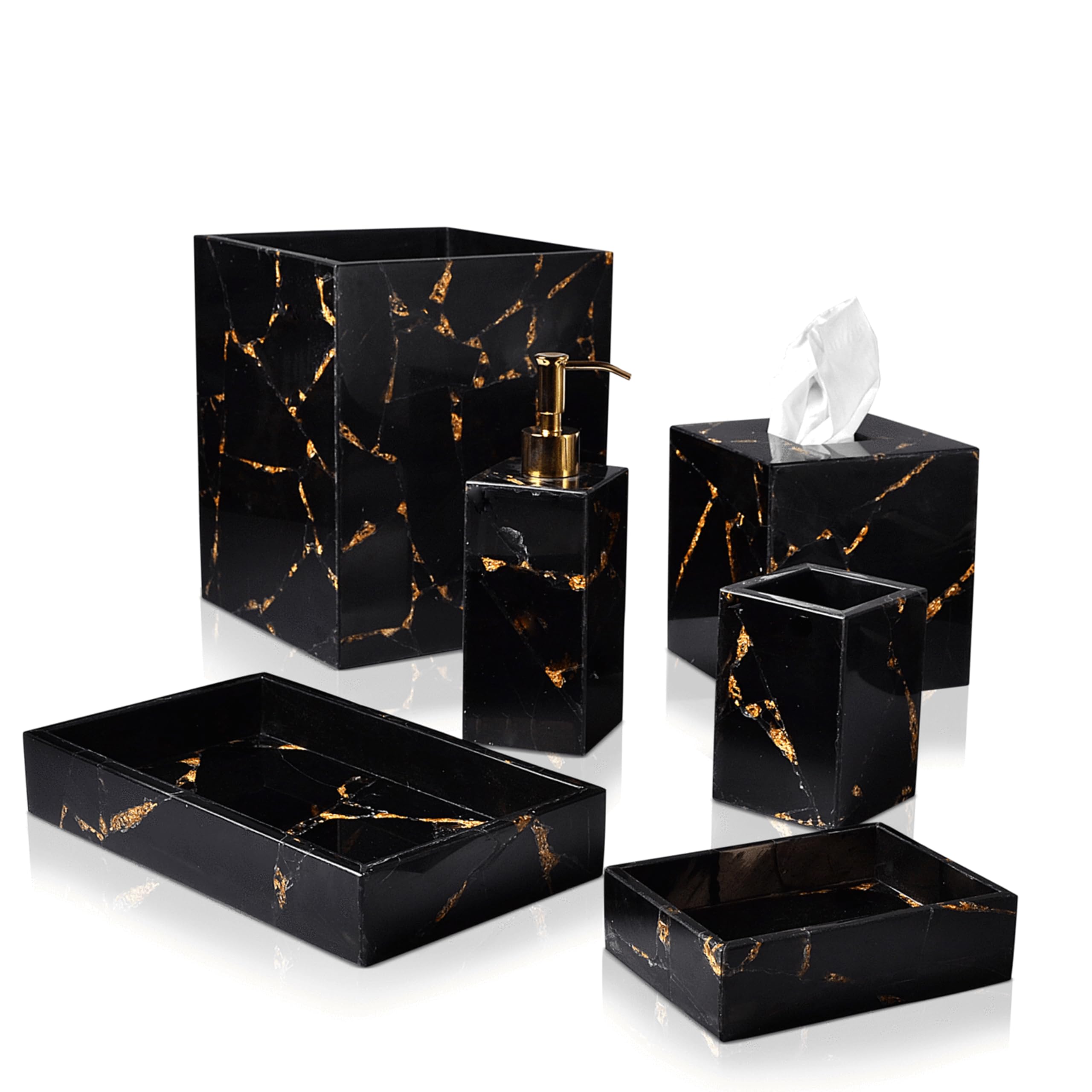 Juego de baño negro I Handamade Marble Kit de baño I Bandeja de toalla de mármol negro I Bomba de jabón de mármol con lámina dorada I Decoración del hogar Juego de 6 piezas