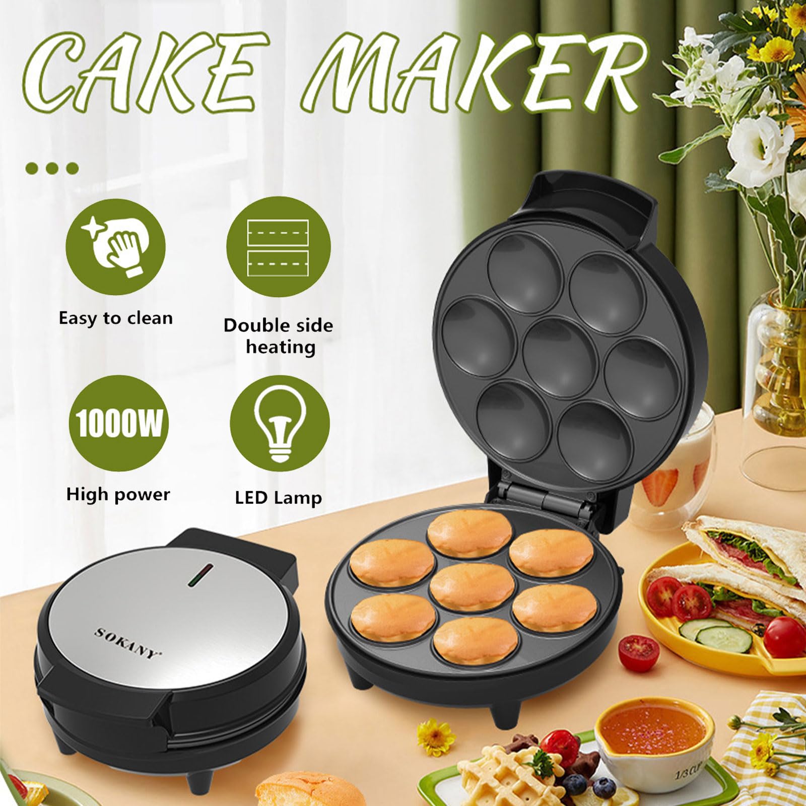 Machine À Mini Tartes Et Quiches 1000W, Appareil À Cupcakes Électrique, Plaques de Cuisson Antiadhésives pour 7 Donuts Faits Maison, Chauffage Double Face