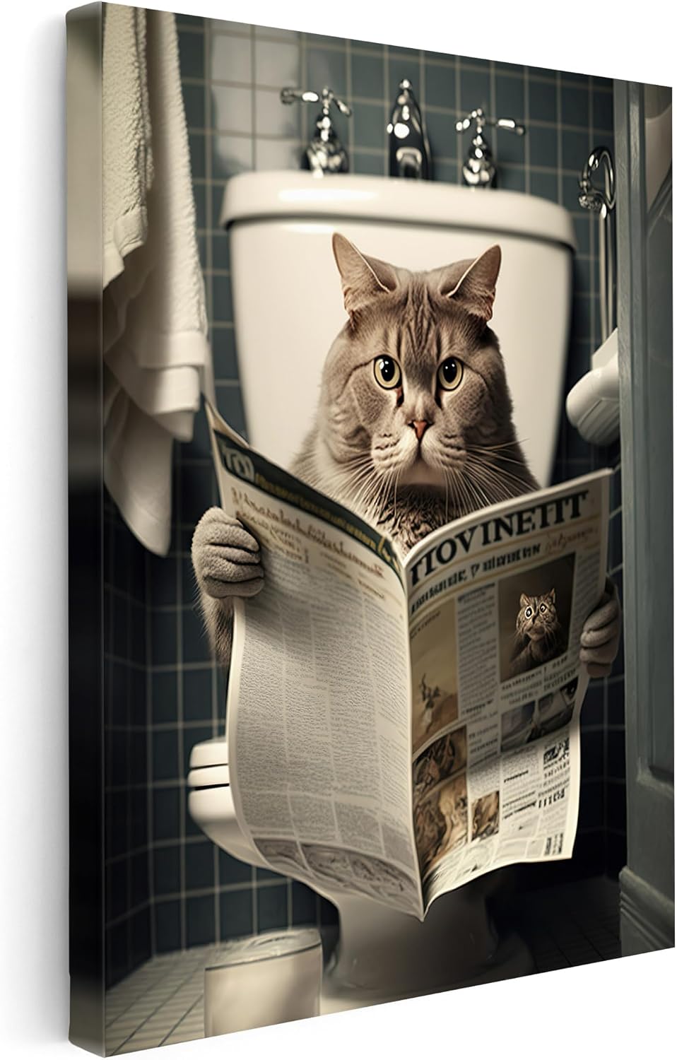 Poster Master Cat Sitting on Toilet Canvas - Cat Reading a Newspaper Print - Animal Wall Art - Funny Kitty Bathroom Decor - Humorous Guest Bath Decor - Restroom Sign - 8x10 STRETCHED Canvas