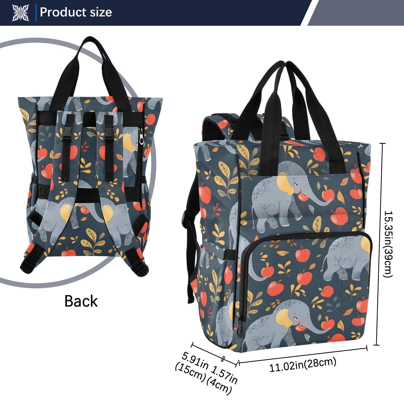 Mnsruu Elefanti e mele Borsa per pannolini per bambini zaino grande borsa impermeabile da viaggio borse per pannolini per mamme e papà