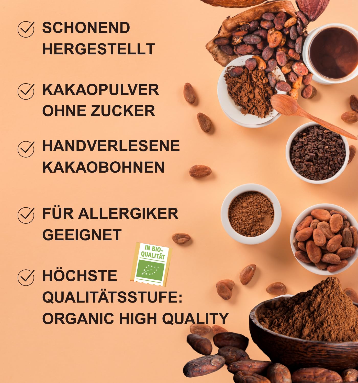 Bio 100 % geröstetes Kakaopulver – 1000 g | Extra dunkles Backkakao-Pulver aus Edelbohnen | Ohne Zucker | Cadmiumgeprüft | Vegan & Aromatisch | Premiumqualität für Trinkschokolade & Gebäck