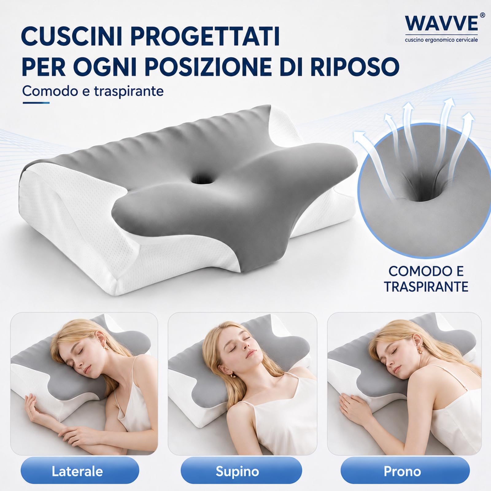 WAVVE Cuscino Cervicale Ergonomico e Ortopedico per Cervicale e Collo | Design a Farfalla in Memory Foam, Doppia Altezza Regolabile 11/13 cm per Dormire su Schiena e Fianco