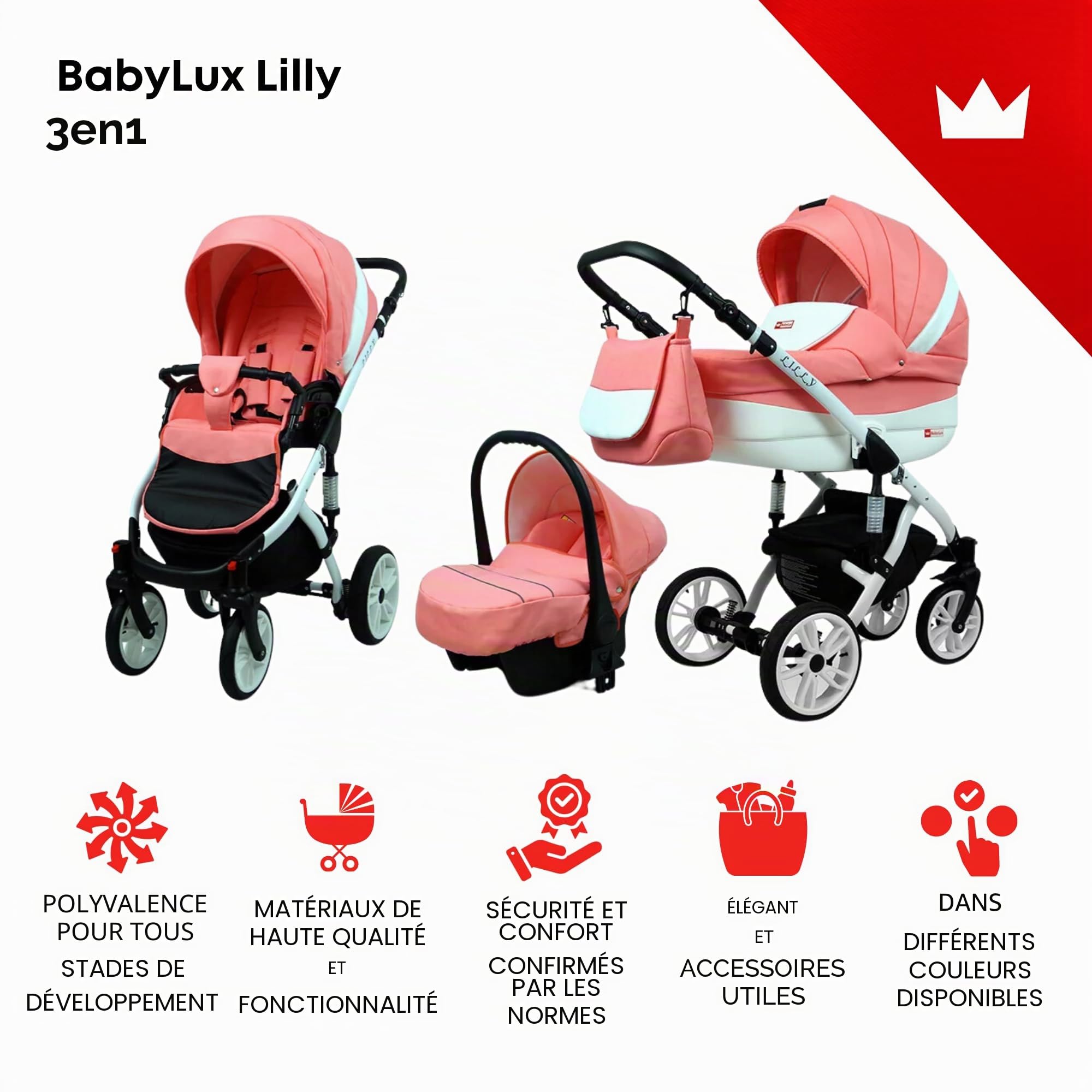 BabyLux® Enfant Poussette Combinée Set 3 en 1 - Lilly - incl. Nacelle, Canne, Siège de voiture - Siège Auto - Pliable - avec Sac à langer, Habillage pluie, Moustiquaire etc.