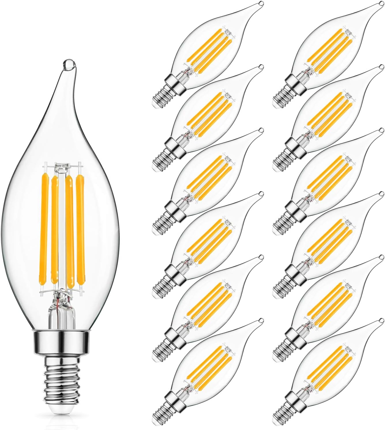 E12 LED Candelabra Bulb 60W Equivalent Dimmable LED Chandelier Light Bulbs 6W, 2700K Warm White, 600LM CA11 Flame Tip Vintage LED Filament Candle Bulb with Decorative Candelabra Base, 12-Pack