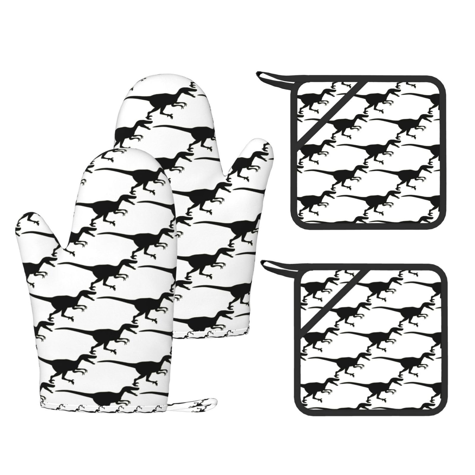 Eeprty Black Velociraptor Dinosaur Printed Kitchen Oven Gloves And Potholder 4 Pcs, Non-Slip Heat Resistant Mitts For Baking Chef
