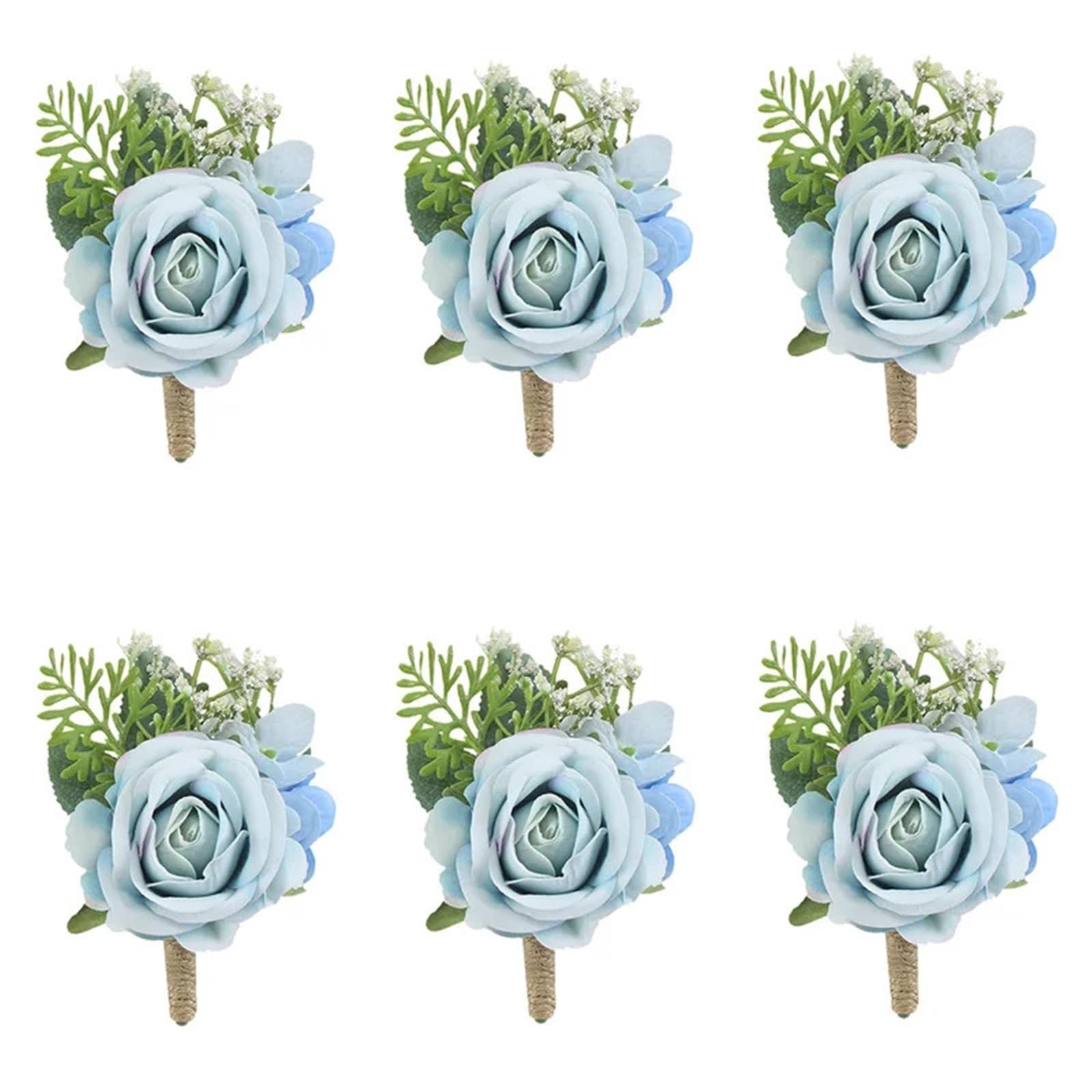 WTAXBH Corsages for Weddings 6 Pcs Dusty Blue Rose Boutonniere For Groomsmen Groom Boutonnieres Wedding Man Corsage Rustic Marriage Flower(Boutonniere-B)