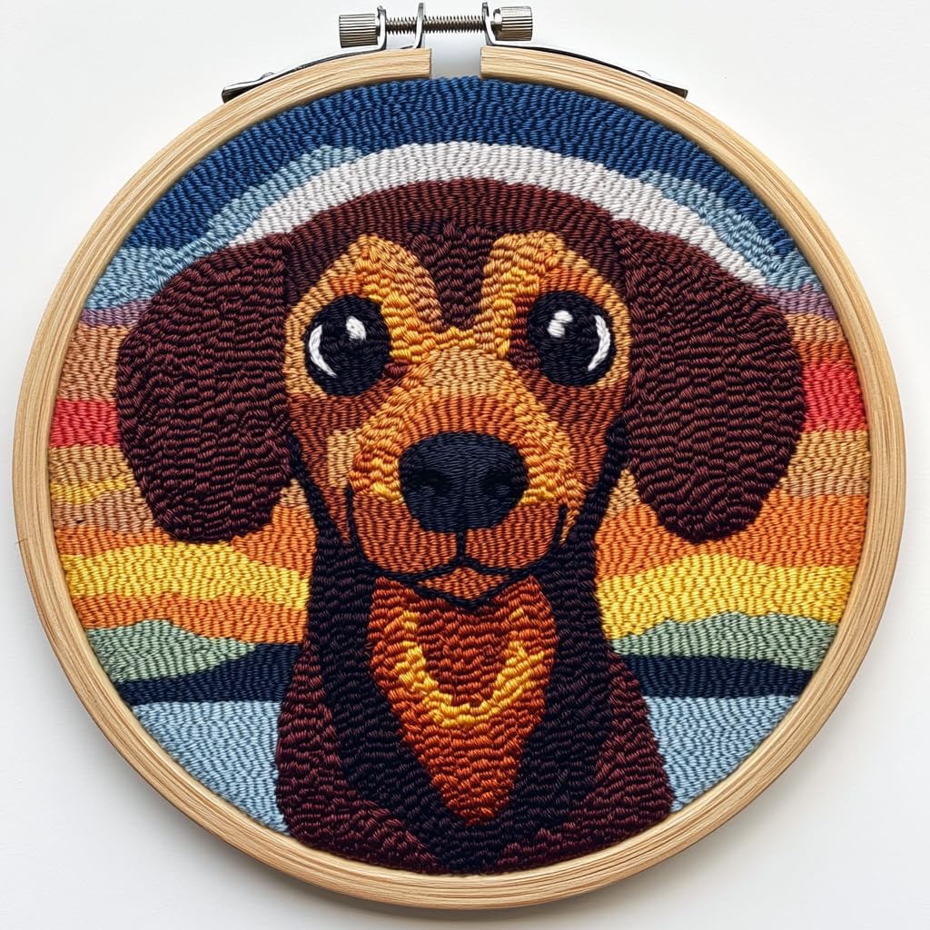 DIY Punch Needle Kits Cute Brown Dachshund with Sunset BEasy for Beginners Punch Needle Yarn Starter Embroidery Set for Craft Lovers with Hoop for Home Decor 20x20cm