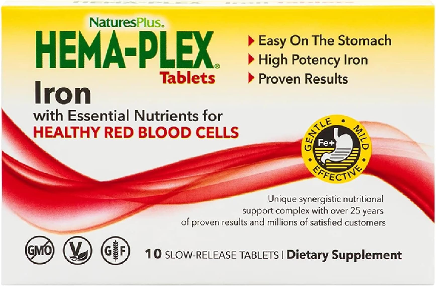 NaturesPlus Hema-Plex Iron - 10 Slow-Release Tablets - 85 mg Chelated Iron - Total Blood Health - with Vitamin C & Bioflavonoids - Vegan, Gluten Free - 10 Servings