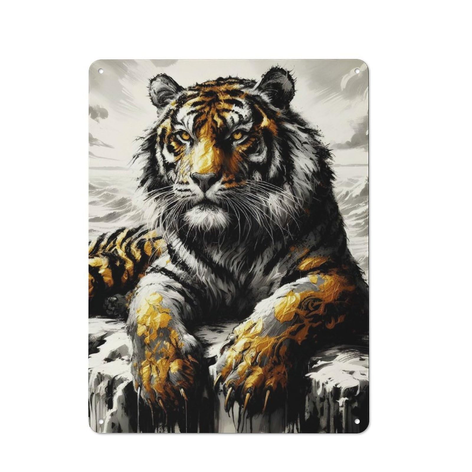 Retro Golden Tiger Decorative Metal Plaque 40x30cm, Garage Wall Decor for Garage, Workshop, Shed Or Utility Room