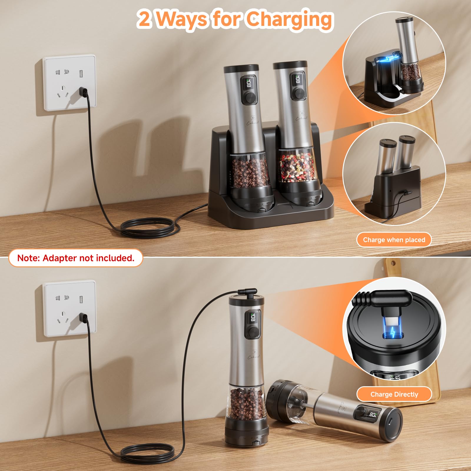 COKUNST Juego de molinillo eléctrico de pimienta y sal, molinillo de pimienta USB con soporte recargable, ajustable 5 niveles de grosor, molinillo de pimienta con pantalla digital con 2 velocidades de