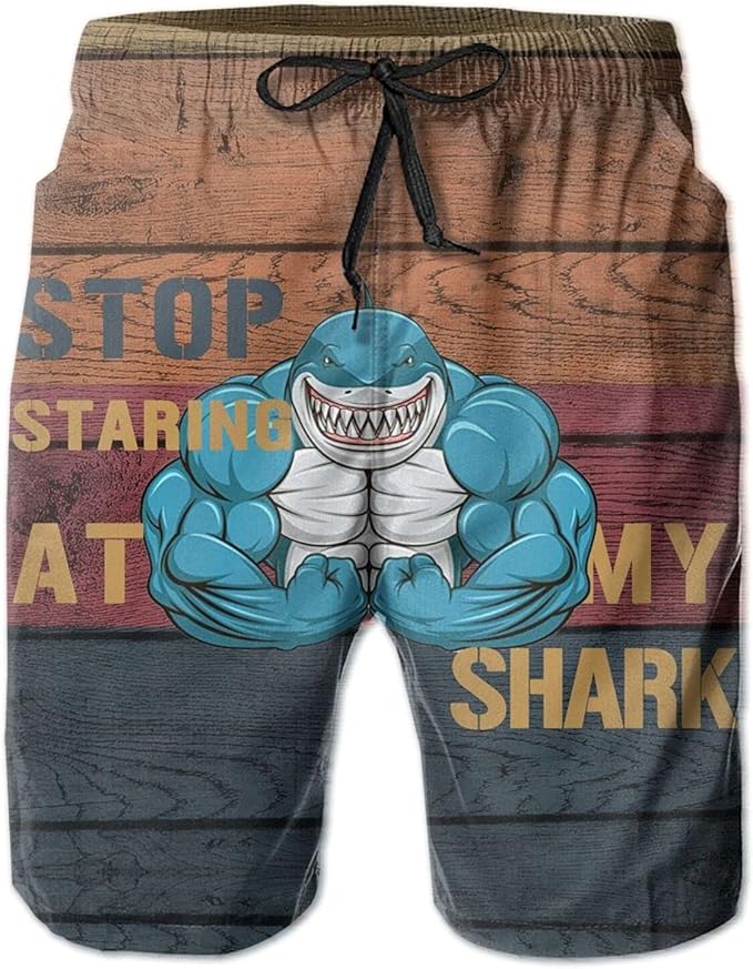 Stop Staring at My Shark Funny Men's Swim Trunks Quick Dry Beachwear