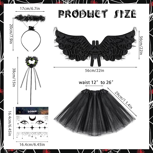 Miniatura 3 de SelfTek 5 piezas de disfraz de ángel caído para niñas, alas de ángel oscuras negras y halo, falda tutú para niños de 3 a 12 años, vestido de cosplay