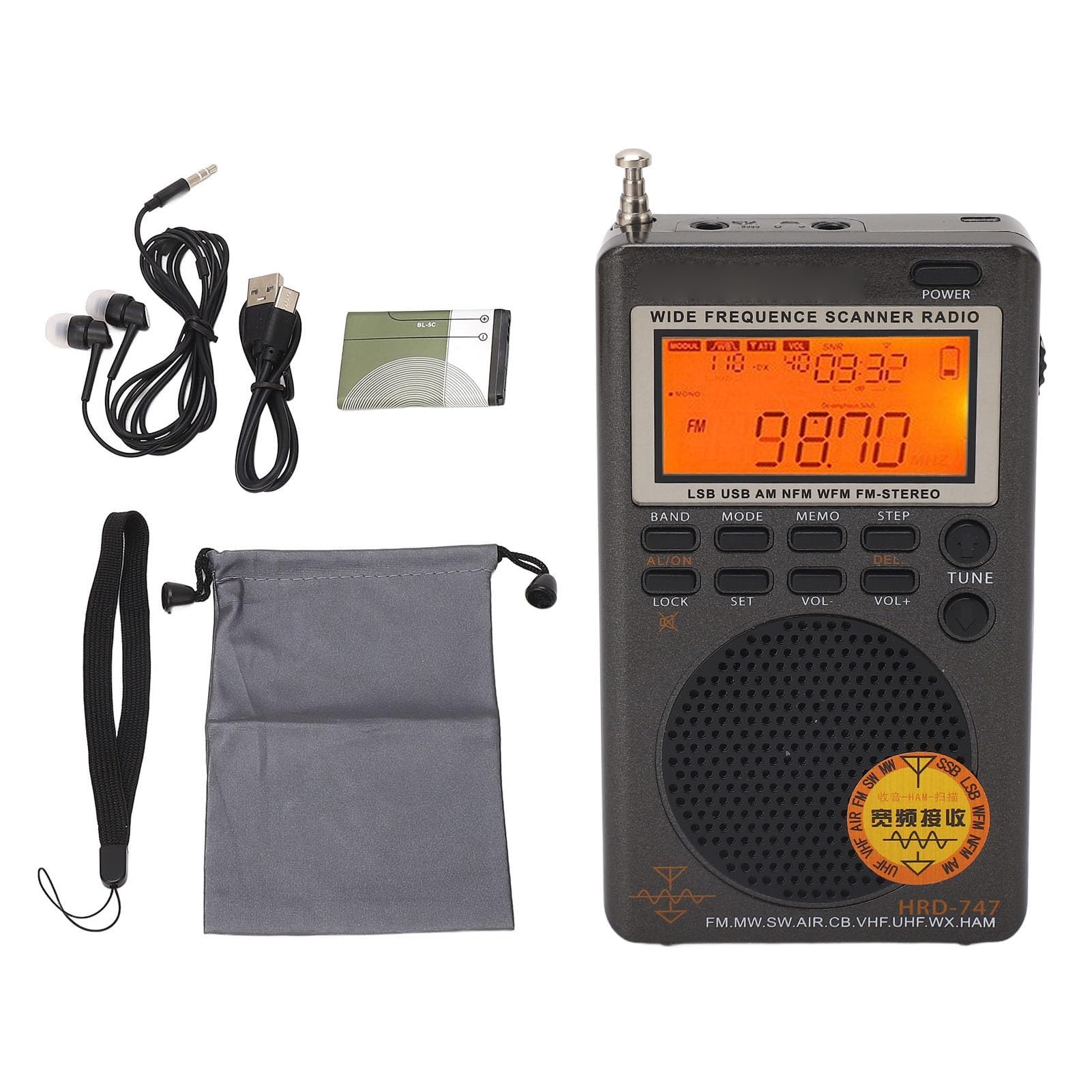 Receptor de Radio Banda Completa DSP Portátil - Compatible con FM, MW, SW, SSB, LSB, Air CB - Espacio de Memoria Amplio - 8Ω 1W Altavoz para Transmisión FM Global
