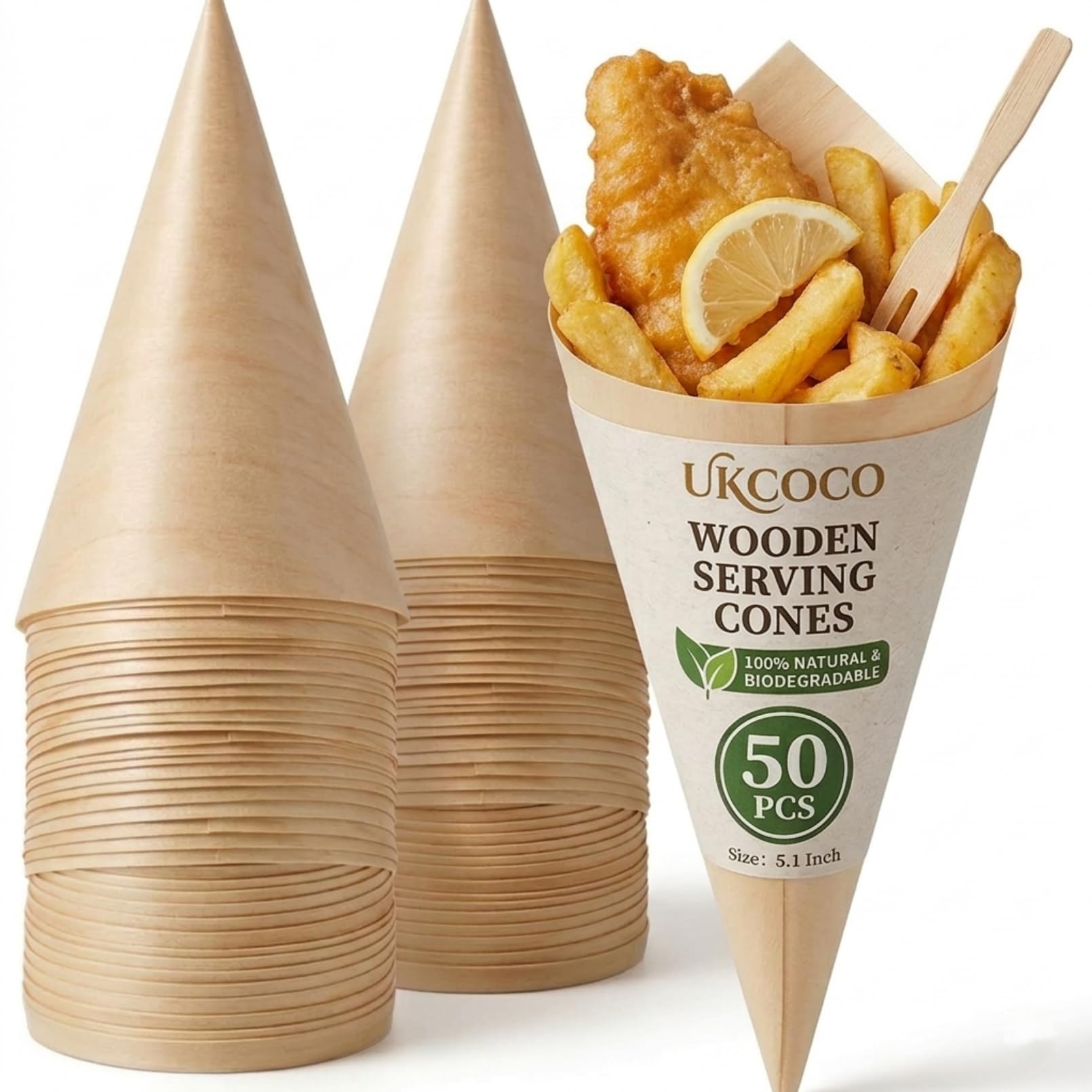 UKCOCO 50pcs Disposable Wooden Serving Cones: Biodegradable Wood Tasting Cones - Ice Cream Snacks BBQ Fries Holder for Christmas Weddings Parties Food Takeaway, 5.1Inch