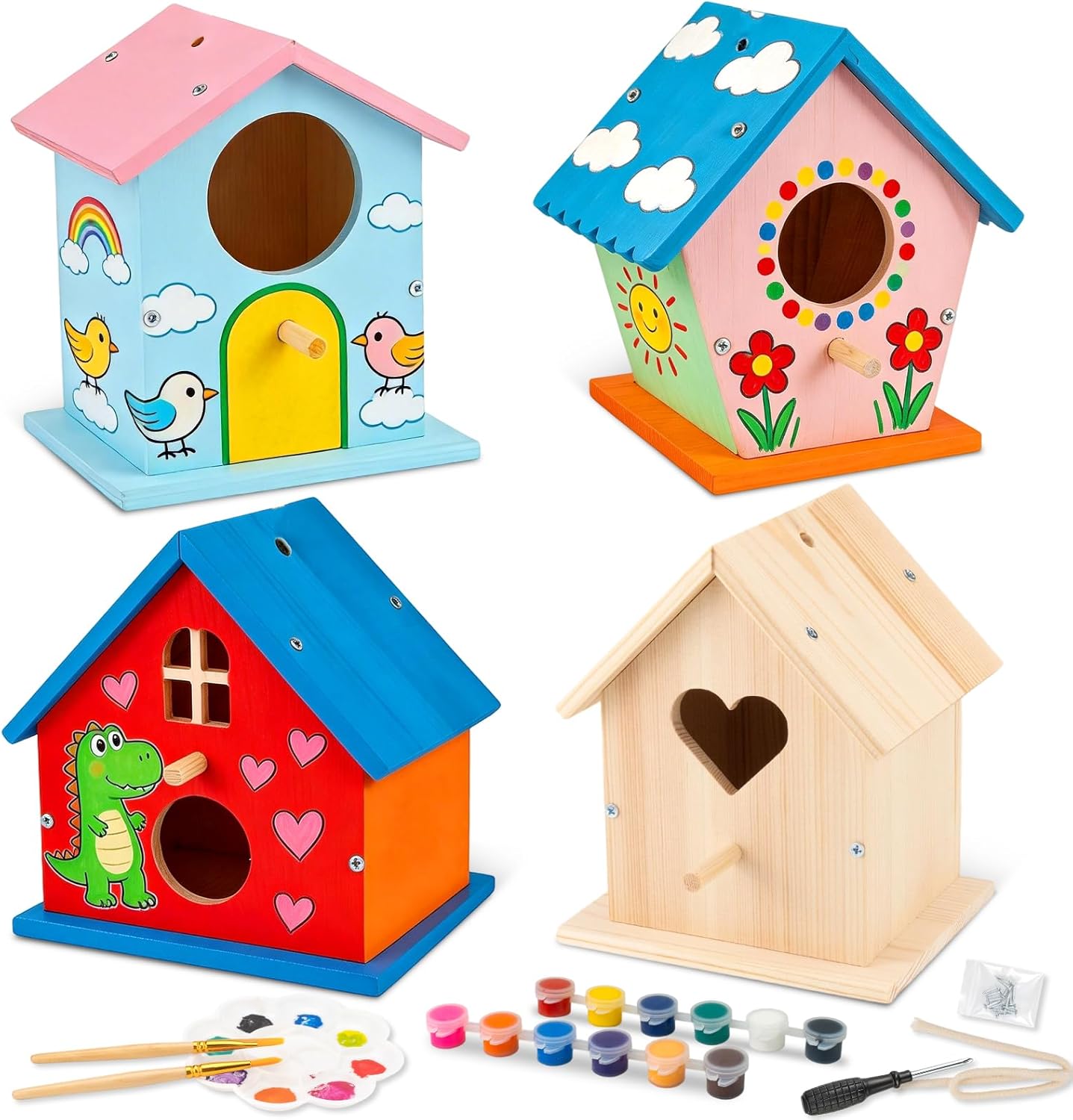 DoodleDoo 4 Pack Wooden DIY Birdhouse Kit, Art and Craft, Bird Houses Indoor Outdoor Painting Kit with Paint & Brushes for Kids Ages 6-12 Birthday Gift for Adults Boys Girls