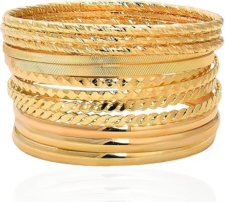 Boho Gold Bangle Bracelets for Women - Bohemian Stackable Sets, Round Dainty Metal Aztec Multi Bangles, Textured Accessories Pack of 12