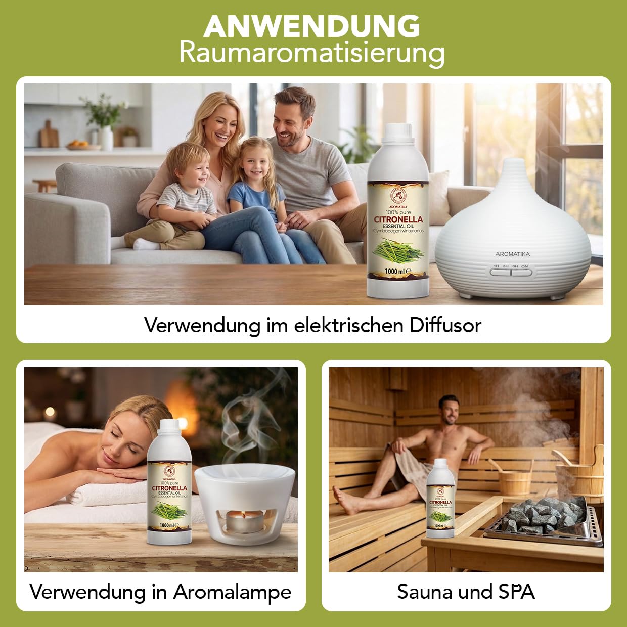 Ätherisches Citronellaöl 1000 ml - Cymbopogon Winterianus - Reines Ätherisches Citronella Öl - für Diffusers und Duftlampen - für Aromakerze - Frischer Duft - Lufterfrischer - Aromatherapie