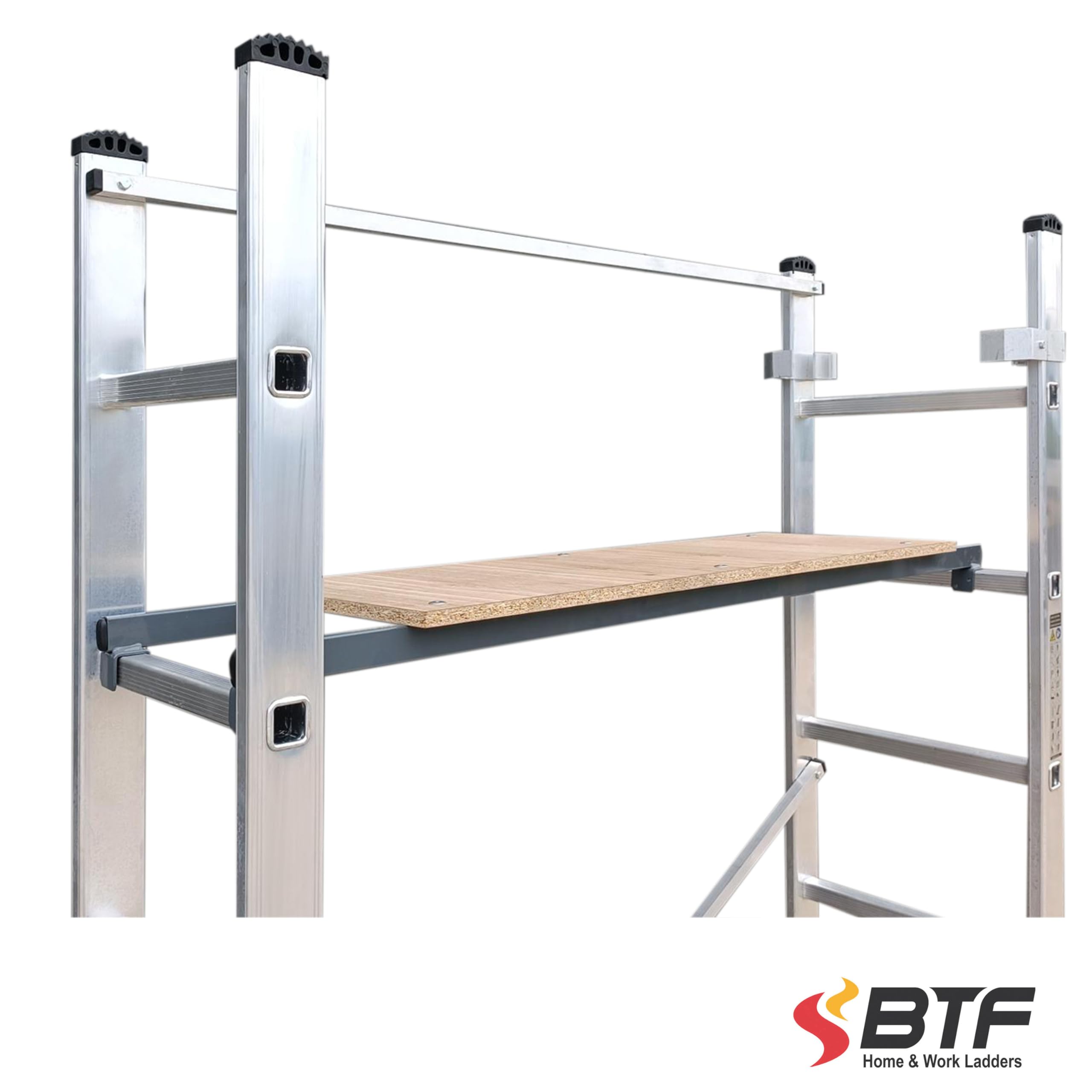 BTF Andamio Multifunción 4 en 1 en Aluminio | Convertible en Escalera Plegable, de Apoyo, Extensión y Plataforma Regulable en Altura, Capacidad 150kg, Ruedas y Barandilla. Ref: BTF-A1009027