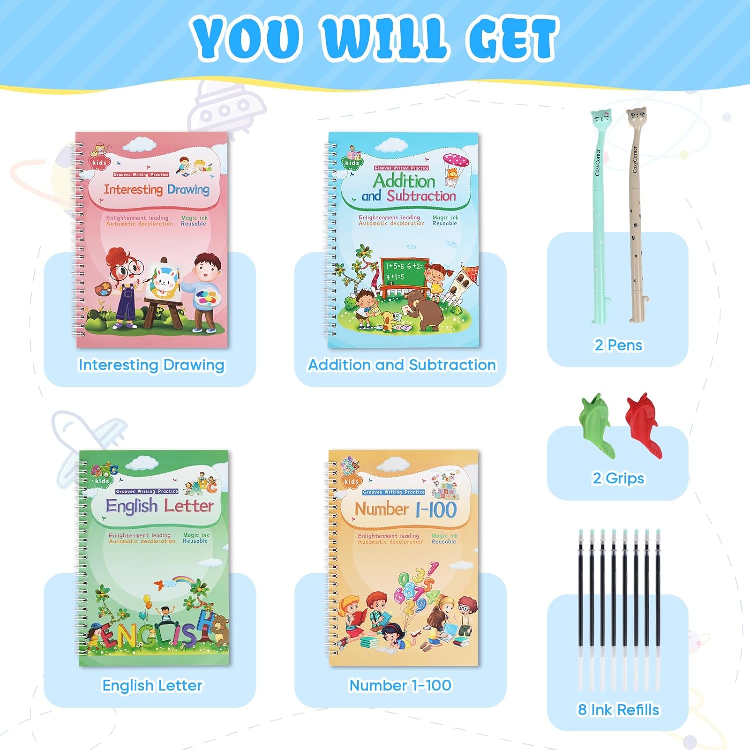 Magic Ink Copybooks for Kids Reusable Handwriting Workbooks for Preschools Grooves Template Design and Handwriting Aid Practice for Kids