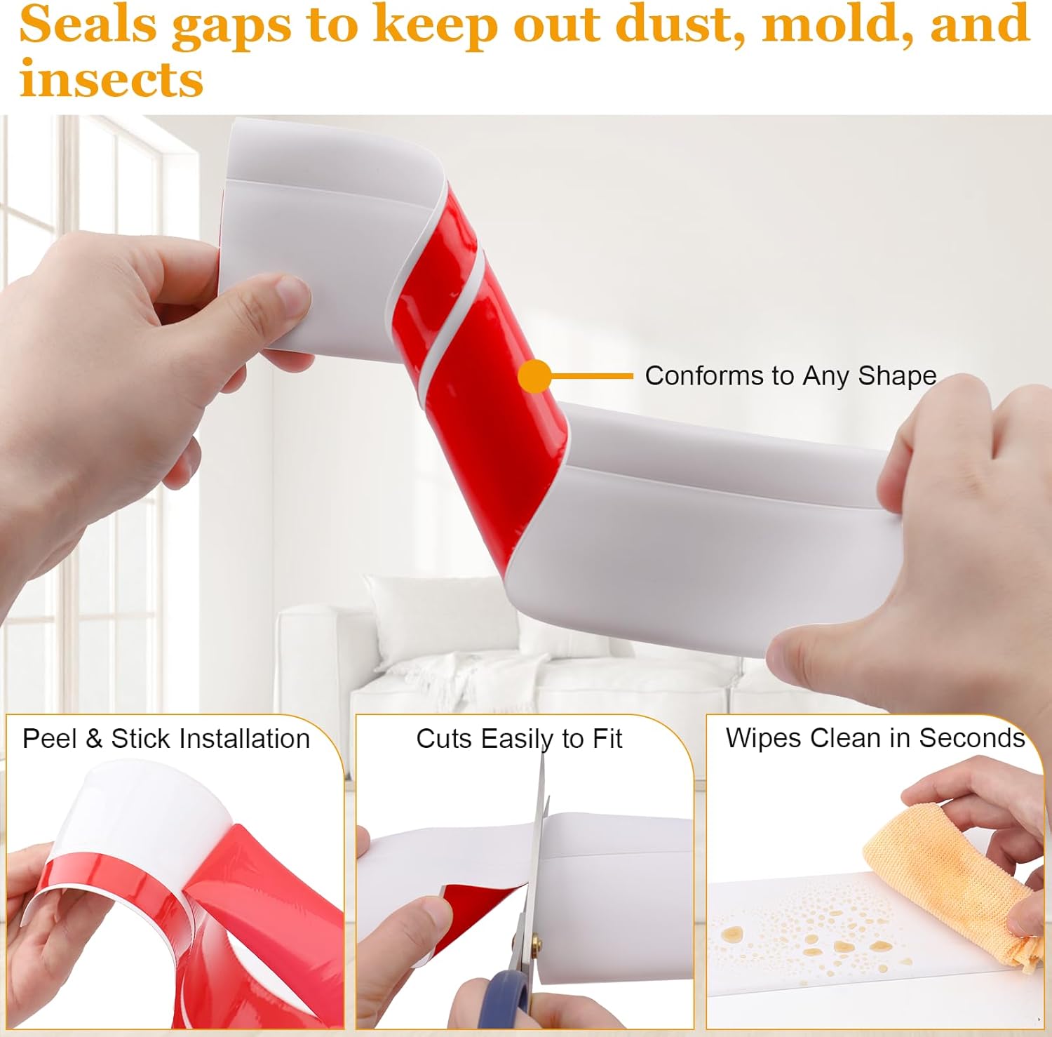 Self-Adhesive Flexible Baseboard Molding Trim – 60 Ft Vinyl Wall Base for Curved Walls and Uneven Floors, Protect or Decorate Apartment, Kitchen, Bathroom Walls, Waterproof Peel and Stick Installation