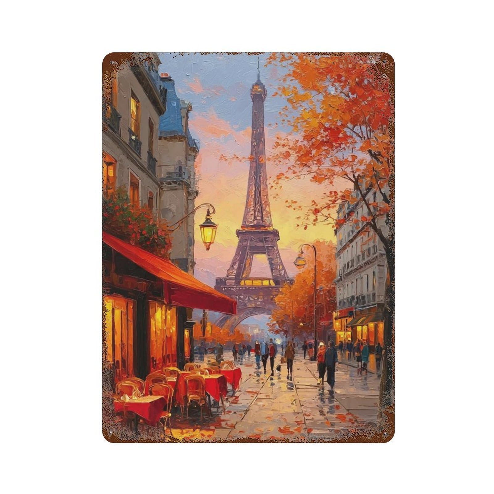 Parisian Autumn Eiffel Tower Scene Vintage Metal Tin Sign 15.7"x11.8", Farmhouse Wall Decor for Garage, Bar And Workshop Decor