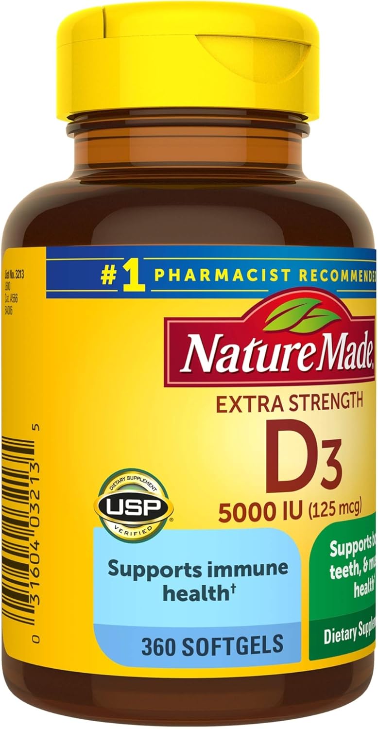 Nature Made Extra Strength Vitamin D3 5000 IU (125 mcg), Dietary Supplement for Immune Support, 360 Softgels, 360 Day Supply : Health & Household