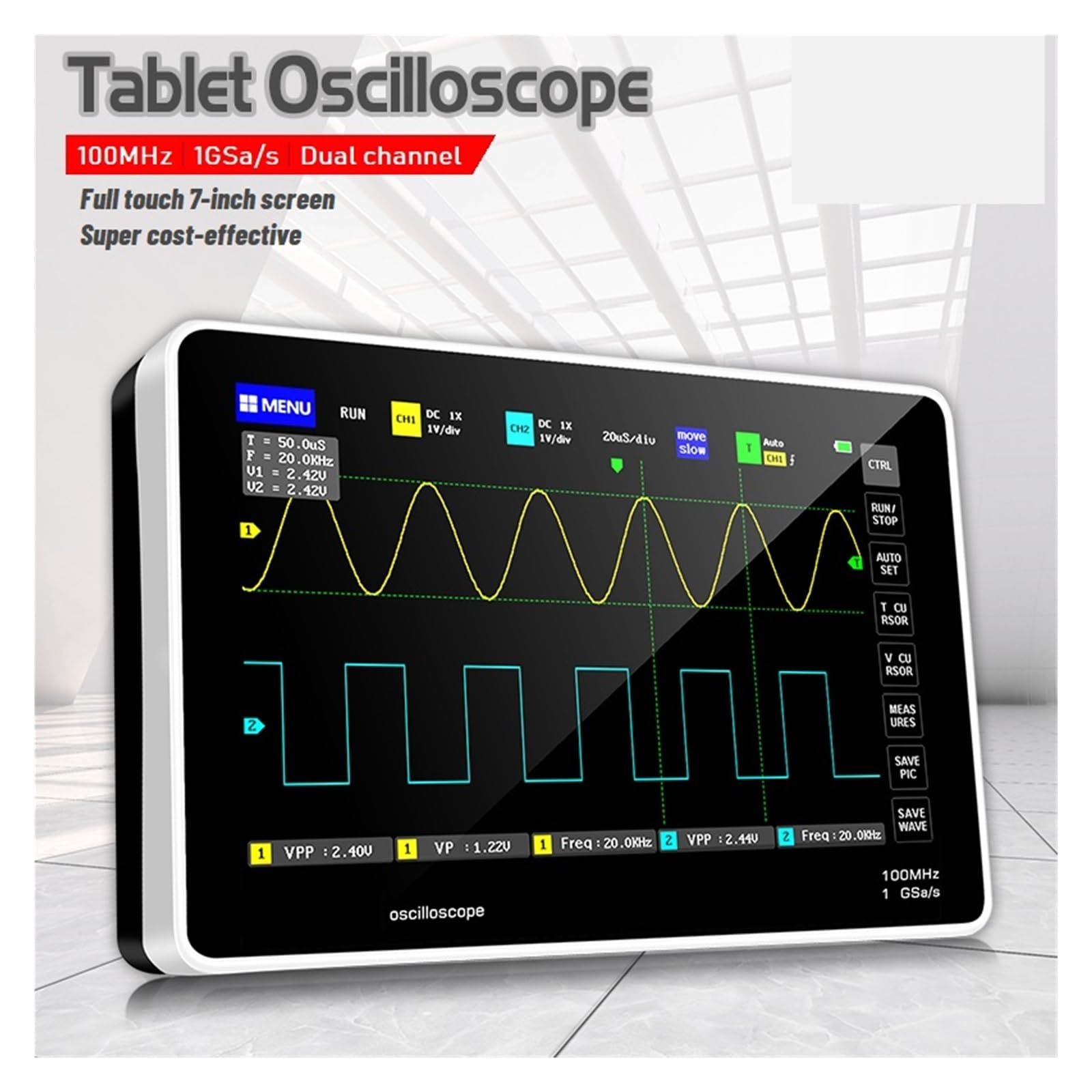 Osciloscopio digital, Osciloscopio de tableta digital Canal dual 100MHz Ancho de banda analógico 1GSa Tasa de muestreo Multímetro de forma de onda Auti-burn para la industria de mantenimiento y educac